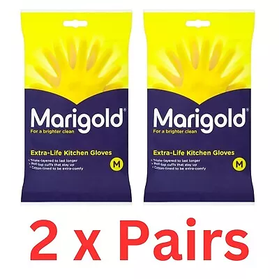 Marigold Extra-Life Kitchen Rubber Gloves -Medium - 2 Pairs - Comfy Cotton Lined • £6.49