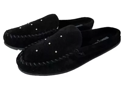 Minnetonka Leila Suede Mules Slip On Moccasin Black Size 8 Rubber Bottom Studs • £24.10