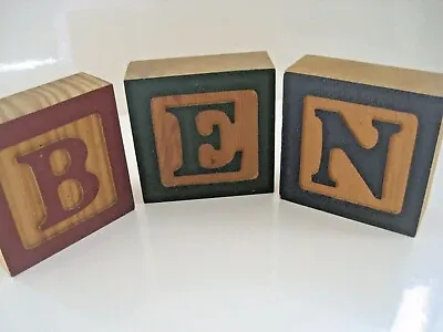 Set 3 Big Carved WOOD NAME BLOCKS Personalized BEN Navy Red Green Shelf Decor 1 • £13.45