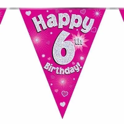 12.8ft Pink Happy 6th Birthday Bunting Age 6 Flag Party Banner Decorations • £2.99