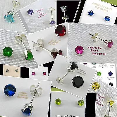 4mm Round CZ Gemstone Earrings In Sterling Silver - MANY COLORS! • $7.44