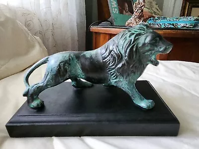 Vintage Cast Metal Lion Figurine On Wooden Base 7.5 ×4 ×4 3/4  • $25