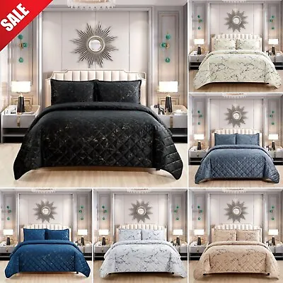 3Piece Quilted  Velvet Bedspread Bed Throw Marble Design Bed Set 2 Pillow Shams • £52.99