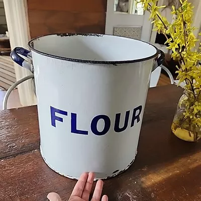 Antique White Enamel Metal English Flour Canister Bucket Can LARGE 12  TALL Vtg • $44