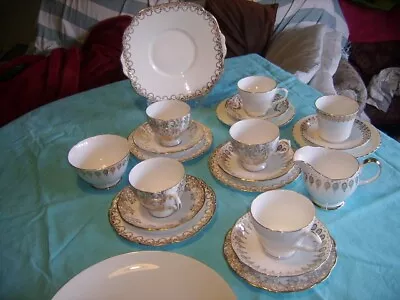 Mismatch Gold And Whit English  Bone China Vintage Tea Set 21 Pieces. • £22