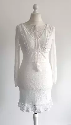 Yilibasha Lace Dress Size Medium White Mini Long Sleeves Ruffle Boho Tassels • $24.87