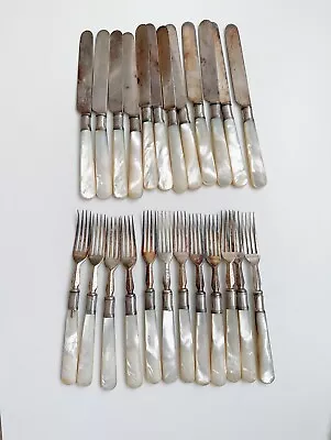 Antique  Mother Of Pearl Handles  Silverplated Fork&Knife Set • $99