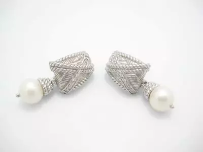 Judith Ripka Sterling White Pearl Drop Dangle Diamonique Clip On Earrings • $82.49