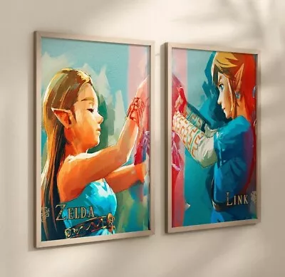 Zelda Art Poster SET Of 2 Link & Zelda Gaming Prints Gamer Gifts Video Game Art • £38.50