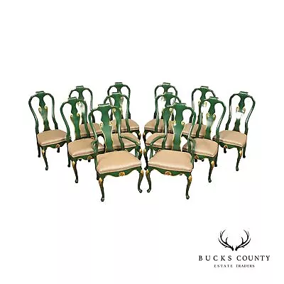 Karges Rococo Style Green And Gold Set Of 12 Dining Chairs • $5795