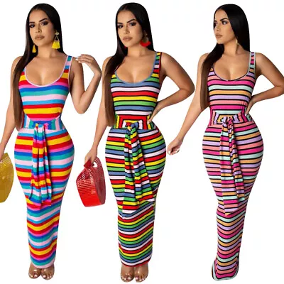 New Women Summer Sleeveless Colorful Stripes Bandage Bodycon Casual Party Dress • $22.96