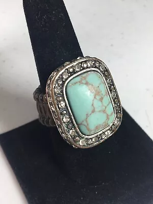 Vintage Turquoise Ring Silver Elastic Band Rhinestones Jewelry Novelty • $25
