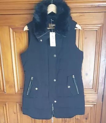 M&s Gilet Coat Black Size 12 ( Detachable Fur  Collar ) Brand New With Tags • £25