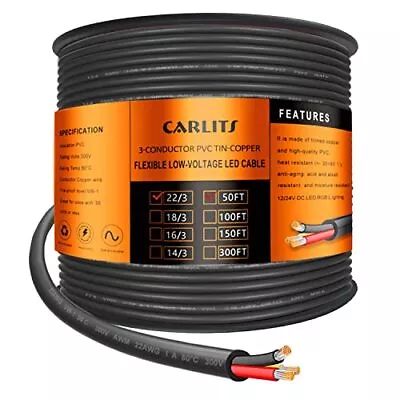 22 Gauge 3 Conductor Electrical Wire 50ft Black Stranded Low Voltage 22/3 Cable  • $23.04