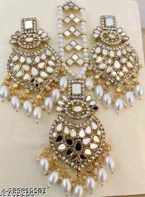 Polki Gold Plated Kundan Women Earrings Maang Tikka Bollywood Indian Jewelry Set • $36.11