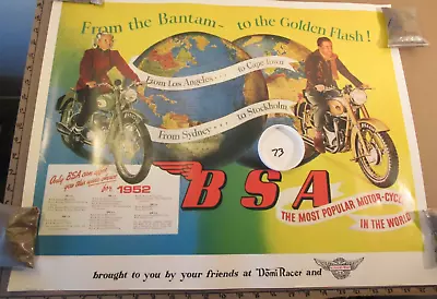 BSA 1952 Bantam Golden Flash Domi Racer Unfolded Dealer Motorcycle Poster 72 • $42.64