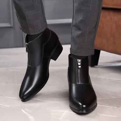 Men's Leather Ankle Boots Pointed Toe Cuban Mid Heel Dress Formal Shoes Zipper • $31.98