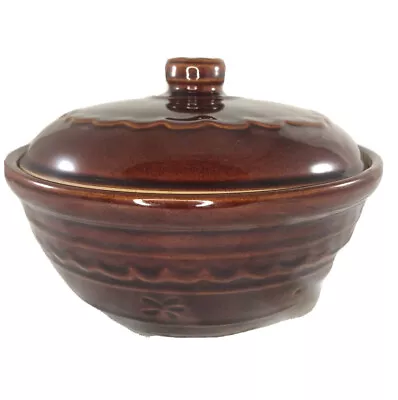 Vtg MARCREST OvenProof STONEWARE Brown Daisy Dot 1.5 QT CASSEROLE DISH W/LID USA • $39.98