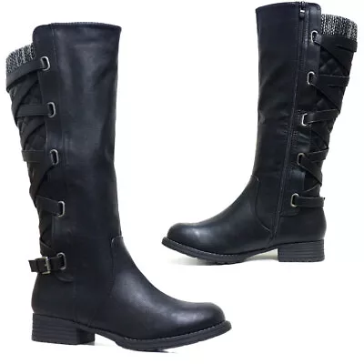 Ladies Knee High Boots Winter Walking Retro Army Combat Biker Zip Up Riding Boot • £16.95
