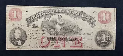 1862 $1 Richmond Virginia Treasury Obsolete Note W/ J.H. Childrey Stamp • $34.50