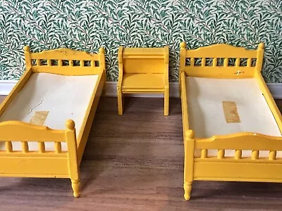 VINTAGE 70's 3 Piece LUNDBY DOLLS HOUSE Yellow Wooden SINGLE BEDS NIGHTSTAND • $28