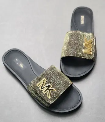 Michael Kors Shoes Womens Size 9 Glitter Chain Mesh MK Logo Pool Slides Sandals • $41.99