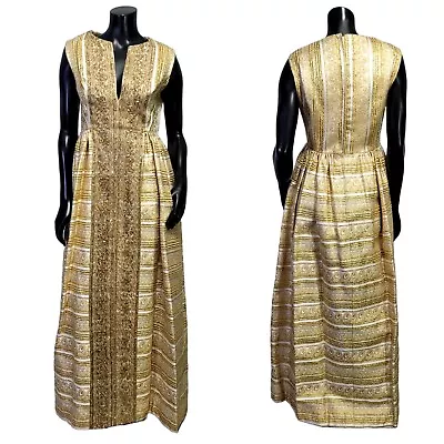 Vintage 60s Modern Couture Gold Metallic Heavy Brocade Party Gown Maxi Dress • $597.99