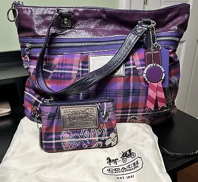 Coach Poppy Purple Tartan Plaid Glam Tote + Wristlet Berry Silver Pink + DST Bag • $210