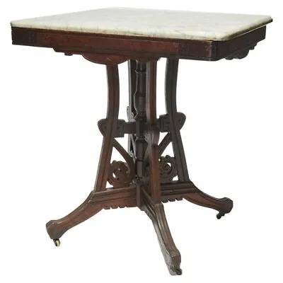 Antique Eastlake Walnut Burl & Marble Parlor Table Circa 1890 • $760