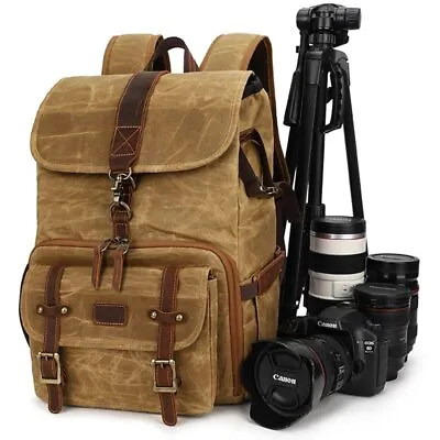 Waterproof Camera Photography Retro Canvas Leather Backpack 15.4inch Laptop DSLR • $218.90