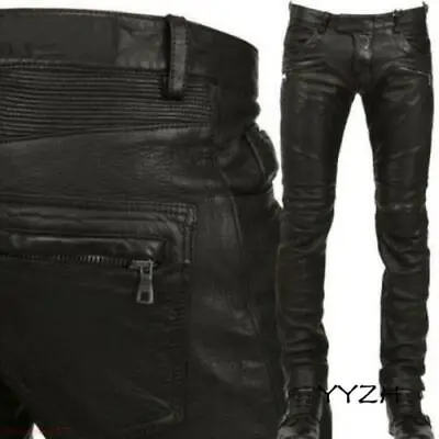 Fashion Mens Leather Casual Pants Zipper Motorcycle Slim Fit Trousers Punk Hot • $69.68