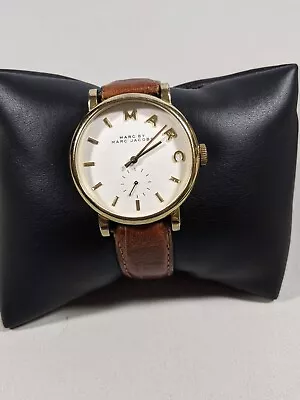 Marc By Marc Jacobs White Dial Round Gold Tone Case 36.5 Mm Brown Leather Watch • $38.49