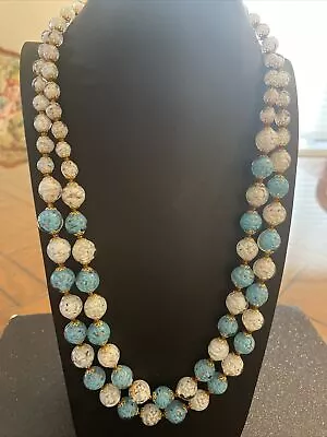 Vintage Frosty Turquoise/ Cream Glass Bead  Double Strand Necklace Filigree Caps • $35