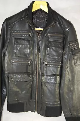 Men: S  7 Diamonds Real Leather Biker Riding Military Officer  Black Jacket • $175.75