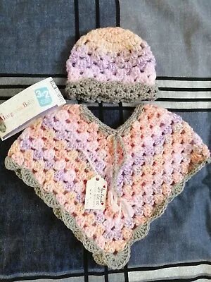 New Handmade Crochet Baby Poncho  Multi Colour's 0 To 3 Mths+Beenie Hat.L@@K! • £12.95
