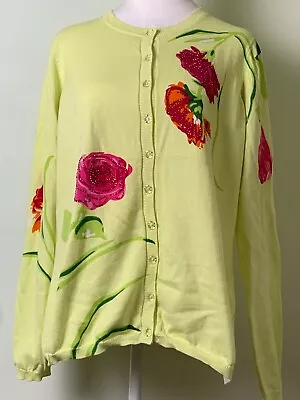 Quaker Factory Cardigan Sweater Size S Yellow Flowers Embroidered • $19