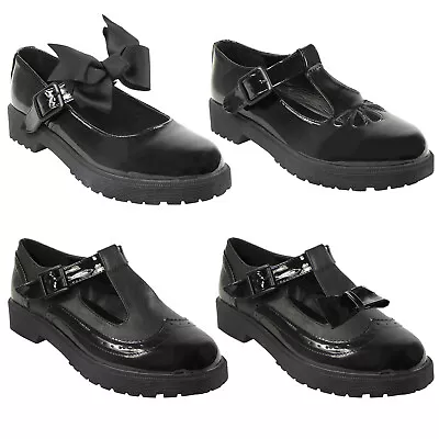 Girls School Shoes Kids Womens Flat Low Loafers Bow Work T Bar Grip Dolly Pumps • £18.99
