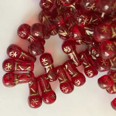 50 Vintage Style Czech Drops - 8x15mm - Ruby Gold Inlay - Czech Glass - 50 Beads • $5