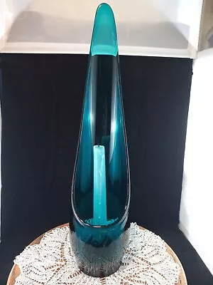 Vintage Mid Century Viking Taper Bluenique Teal Glow Candle Holder 15.5” Tall • $80