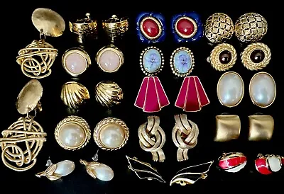 Vintage 80s 90s Gold Tone Cabochon Earring Lot Faux Pearl Colorful Quality 16p • $143.95