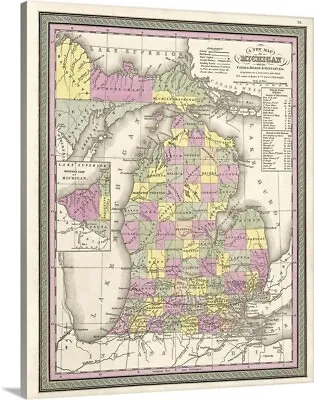 Vintage Map Of Michigan With Its Canals Canvas Wall Art Print Map Home Decor • $309.99