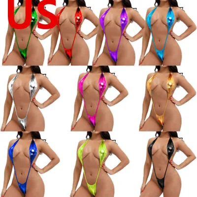 US Women Swimwear PVC WetLook One Piece Monokini Leotard Shiny Bodysuit Clubwear • $6.71