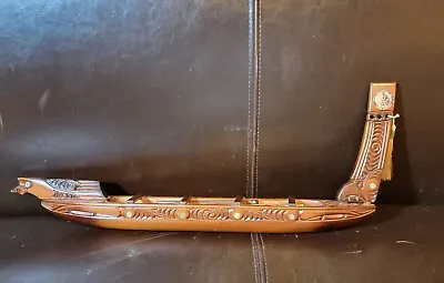 Hand Carved New Zealand Wood Waka Maori Warrior Canoe 3 Oars Inlay Signed NZ • $169.99