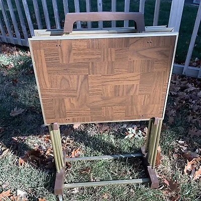 Vintage Mid Century Modern Set Of 4 Faux Wood Metal TV Tray Tables W Stand • $139.99