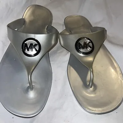 MICHAEL KORS Womens Size 11 Silver Flip Flop Sandals Jelly Logo Sandals • $8