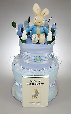 Baby Boy Two 2 Tier Nappy Cake With Peter Rabbit Toy And Book Baby Shower Gift • £39.99