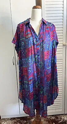 RUBY PESINI Vintage Multicoloured Indian Floral Short Sleeve Shirt Dress Sz L • $80