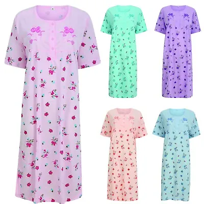 Nightdress Nightie Womens Cotton Blend Ladies Short Sleeve Button Floral Pattern • £7.95