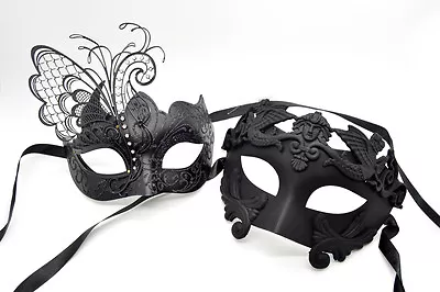 Couple Men/Women Black Laser Cut Filigree Glitter Roman Venetian Masquerade Mask • $28.99