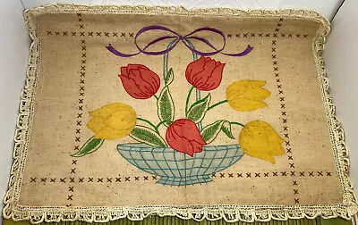 VTG Finished Crewel Handmade Yellow Pink Tulips Basket Pillow Cover On Tan Slub • $30